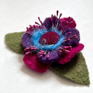 Felted Wool Flower Brooch: Purple Magenta Handmade Pin