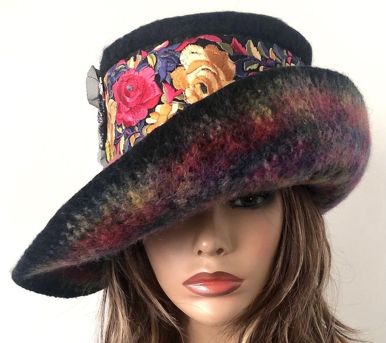Unique Handmade Felted Art Wool Cloche Hat with extra wide brim