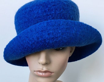 Royal Blue Felted Cloche Hat with Curled Brim, Winter Felted Hat, Minimalist Wool Hat, Unique Felted Hat