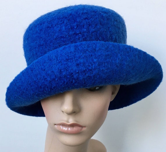 Royal Blue Felted Wool Cloche Hat: Handmade Winter Bucket Hat