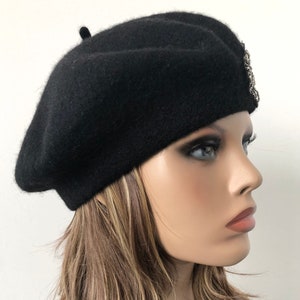 black Felt Beret, Women's Wool Beret, French Style Beret, Classic Felt Beret 22 up to 23 Ready to Ship image 10