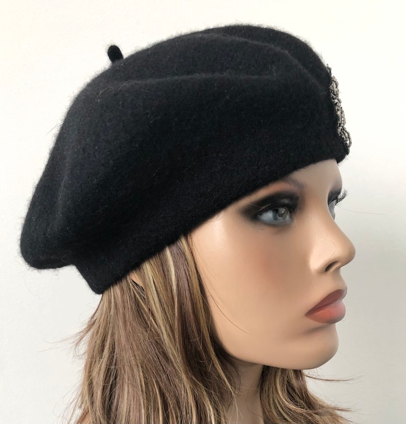 black Felt Beret, Women's Wool Beret, French Style Beret, Classic Felt Beret 22 up to 23 Ready to Ship image 10