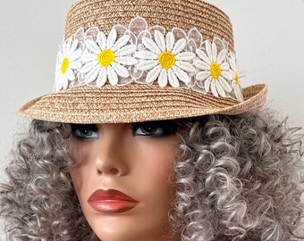 Beige Straw Hat with Daisies Women Straw Hat, Church, Summer Straw Hat 22” up to 23” S/M Ready to Ship