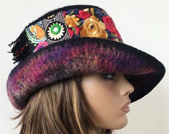 Embellished Felted Wool Cloche Hat: Bohemian Steampunk