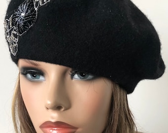 berretto in feltro nero, berretto in lana da donna, berretto in stile francese, berretto in feltro classico 22" fino a 23" pronto per la spedizione
