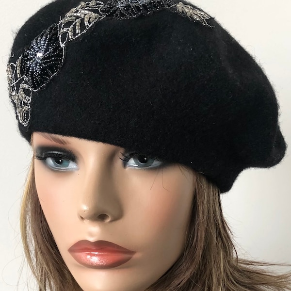 black Felt Beret, Women's Wool Beret, French Style Beret, Classic Felt Beret 22” up to 23” Ready to Ship