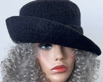 black Wool Felted Cloche Hat - Handmade Winter Hat (size 23")