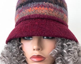 burgundy Wool Cloche Hat: Handmade Felted Winter Hat (Fits 22.5-23")