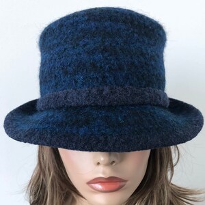 Women&#39;s Navy Tweed Felted Wool Cloche Hat with 2&quot; wide brim, Blue Handmade Winter Felted Hat