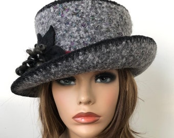 Gray Felted Wool Cloche Hat: Handmade Winter Pork Pie Style