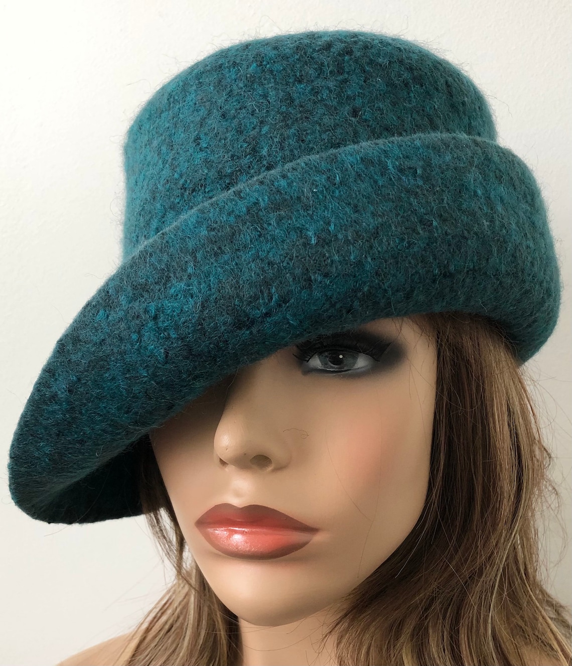 Womens Felt Hat Teal Rolled Brim Hat Handmade Felted Hat Etsy