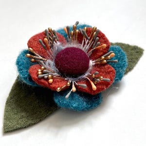 Burnt Orange and Teal 2.5” Felted Flower Brooch, Flower Jewelry, Felted Pin, Gift for Her