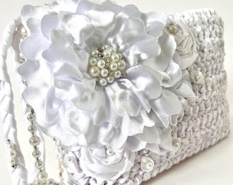 Handmade Large White Satin Bridal Clutch with Flowers & Pearl Handle