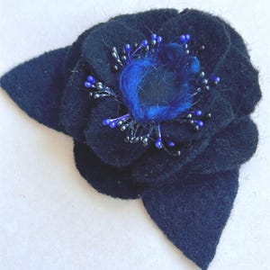 Felted Wool Flower Brooch: Black, Navy, & Bronze - Upcycled Sweater Jewelry
