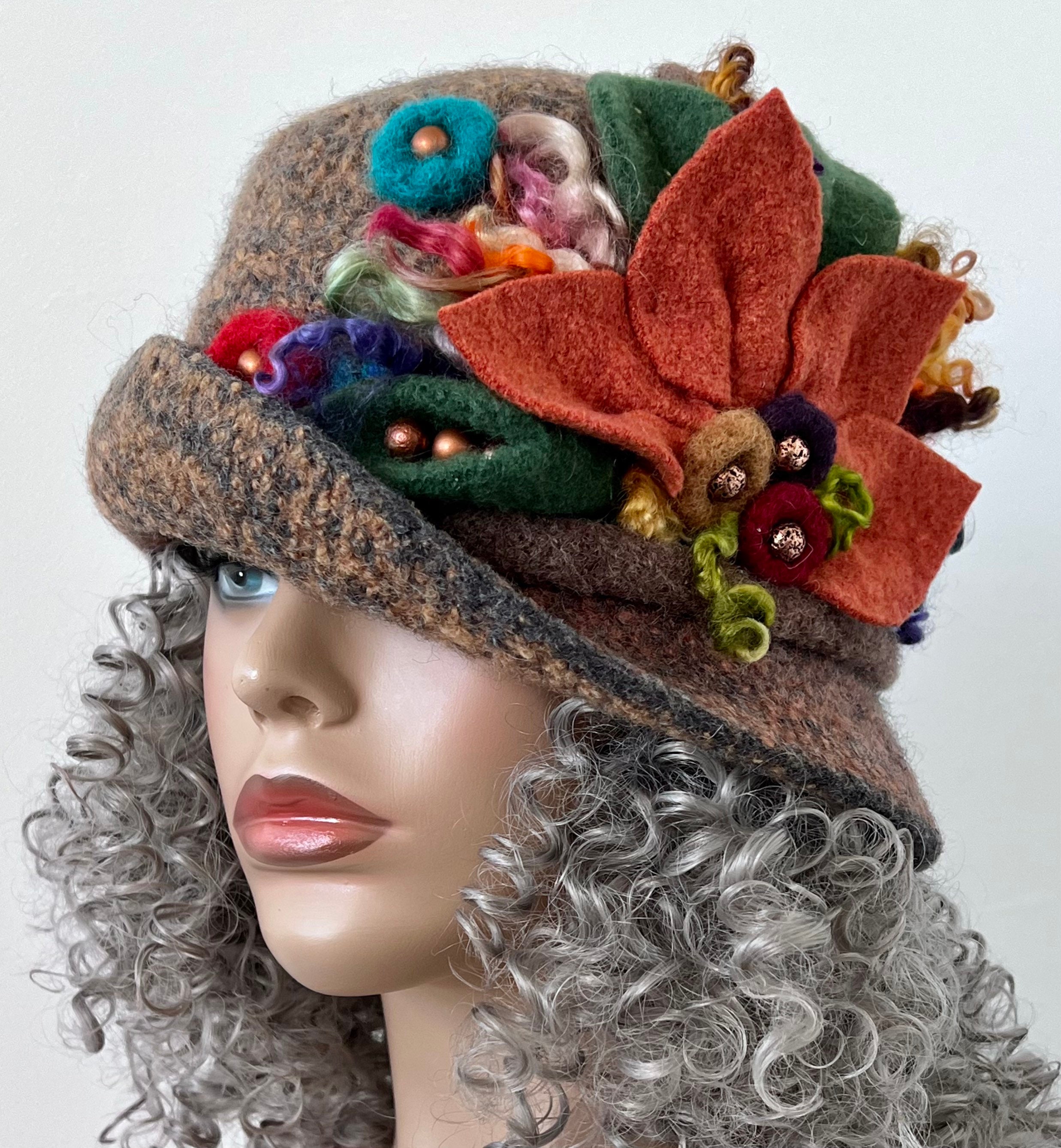 Brown Felt Cloche Hat with Decorative Flower Accent Vintage 1920s Brown Silk Cloche Hat, with issues, Lace  main image 4