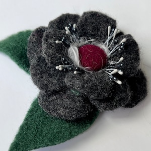 Dark Gray 3.5” Felted Flower Pin Brooch, Felted Flower Jewelry, Flower Pin, Felted Pin, Pin Brooch, Felted Jewelry, Hat Pin