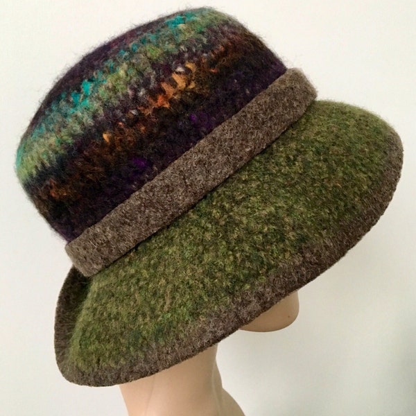 Women's Green Felted Hat, Winter Warm Hat, Felted Hat, Felted Wide Brim Hat, Handmade Felted Hat, Green Cloche