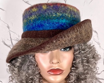 camel brown Felted Wool Cloche Hat: Handmade Winter Hat with Brim (fits 23-23.5”)