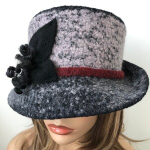 Black and gray wool felted hat with wide brim and flower accent, Handmade Felted Hat, Felt Winter Hat