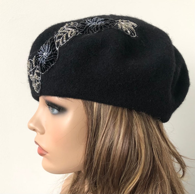 black Felt Beret, Women's Wool Beret, French Style Beret, Classic Felt Beret 22 up to 23 Ready to Ship image 7