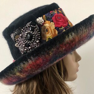 Embellished Felted Cloche Hat: Bohemian Steampunk Style, Wide Brim image 5