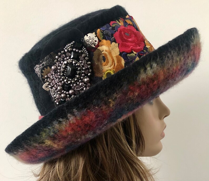 Embellished Felted Cloche Hat: Bohemian Steampunk Style, Wide Brim image 5