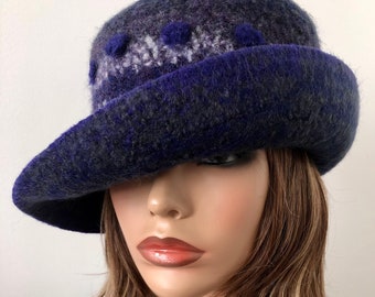 Felted Wool Hat, Felted Cloche Wide Brim Hat, Blue Felted Hat, Unique Felted Hat, Handmade Felted Hat