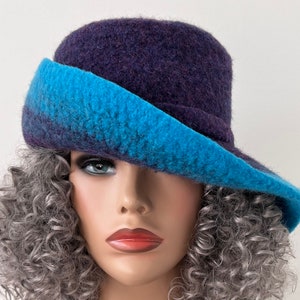 Handmade Felted Wool Cloche Hat: Indigo Wide Brim