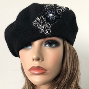 black Felt Beret, Women's Wool Beret, French Style Beret, Classic Felt Beret 22 up to 23 Ready to Ship image 2