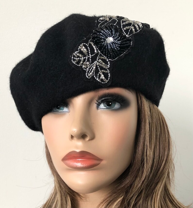 black Felt Beret, Women's Wool Beret, French Style Beret, Classic Felt Beret 22 up to 23 Ready to Ship image 2