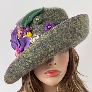 Felted Wool Cloche Hat: Extra Wide Brim, Floral Embellishments