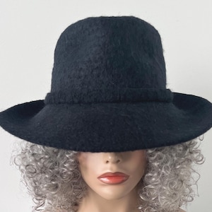 black Fedora with 3.5&quot; extra wide brim (slightly curved), Women&#39;s Felted Fedora Hat, Wide Brim Fedora, fits sizes 23.5” up to 24” R2Ship