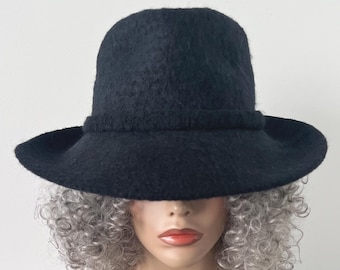 black Wide Brim Felt Fedora Hat: Women's Wool, Fits 23.5-24"