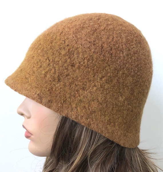 Dark Mustard Wool Beanie: Handmade Felt Cloche Hat - Etsy display picture 2