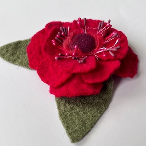 Red Felted Wool Flower Brooch: Handmade Sweater Brooch, Boutonniere