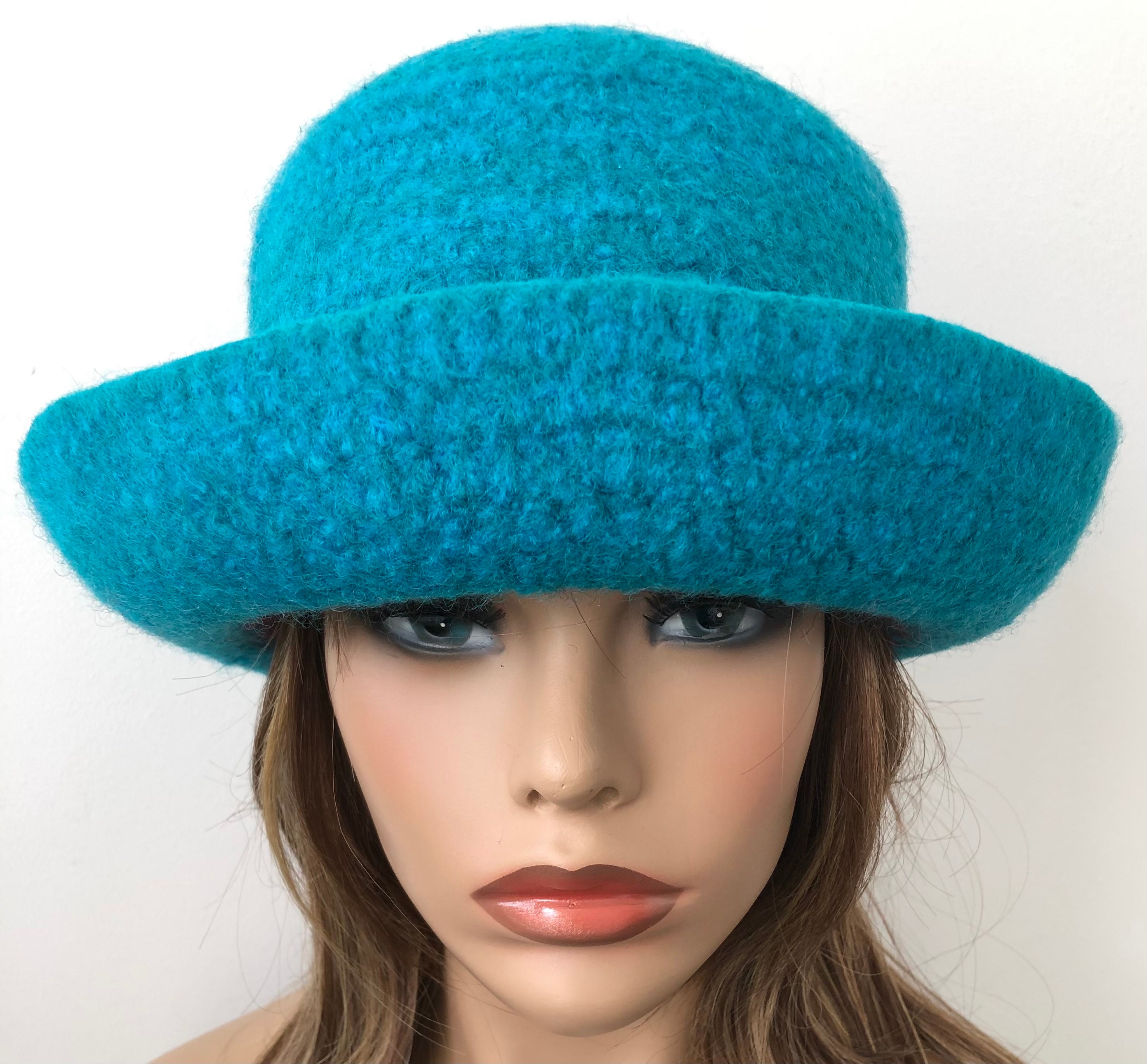 Bright Turquoise Wool Felted Cloche Hat: Wide Brim Coral  display picture 2