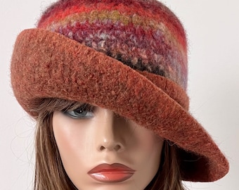 Burnt Orange Felted Wool Cloche Hat: Handmade Winter Hat with Brim