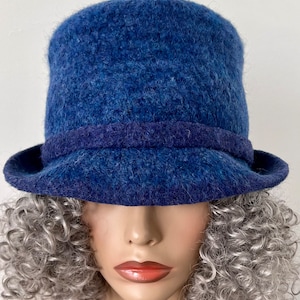 Rich Blue Tweed Wool Felted Bucket Cloche Hat with 1.5&quot; or 2&quot; Wide Brim, Women&#39;s Warm Winter Hat, Handmade in your Size