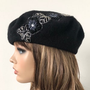 black Felt Beret, Women's Wool Beret, French Style Beret, Classic Felt Beret 22 up to 23 Ready to Ship image 5