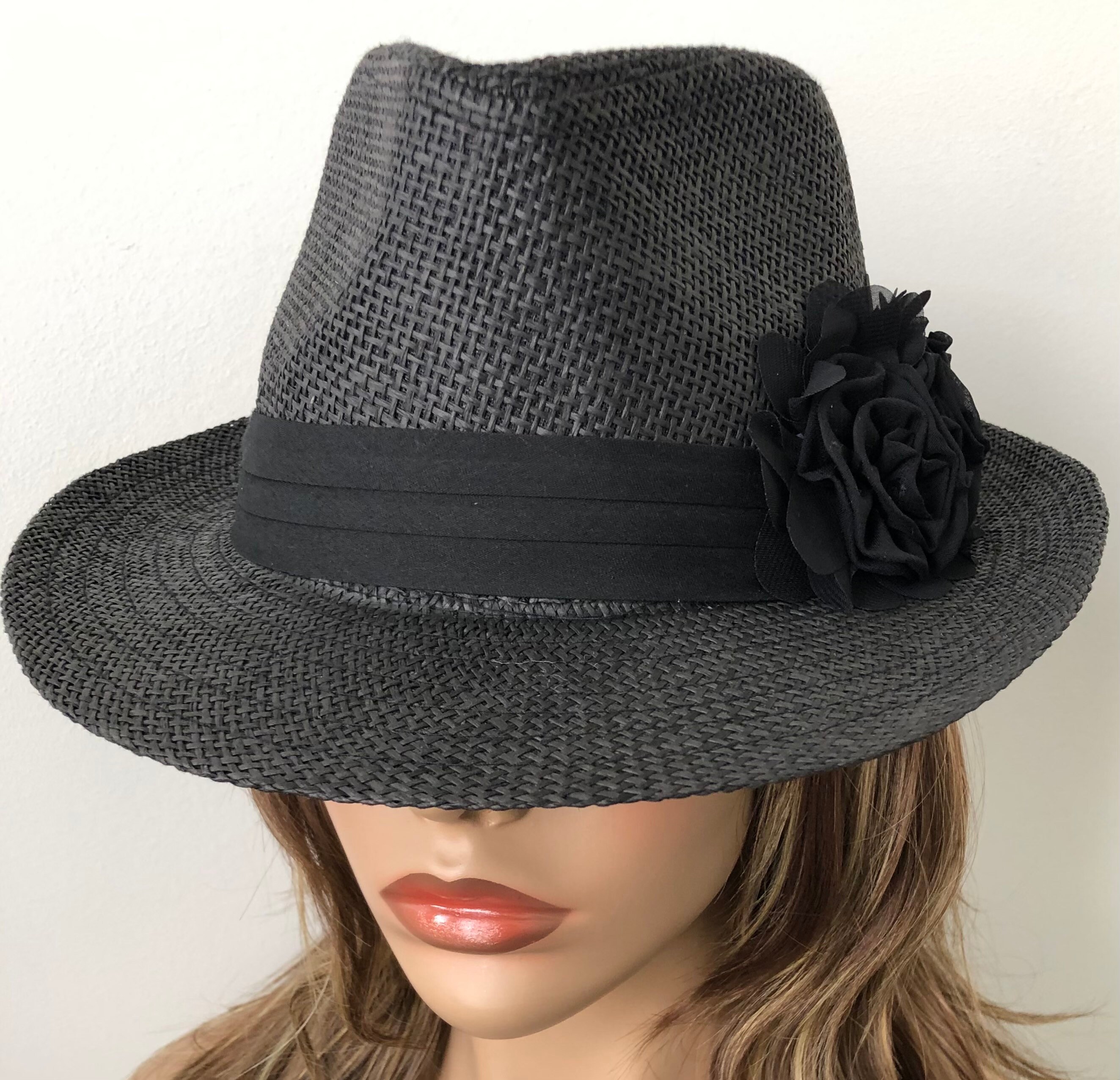 Large Black Panama Straw Hat With Black 