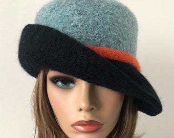 Winter Felted Hat with Curled 2.5&quot; Brim, Women’s Black Felted Hat, Ladies Felt Cloche, Unique Handmade Felted Hat