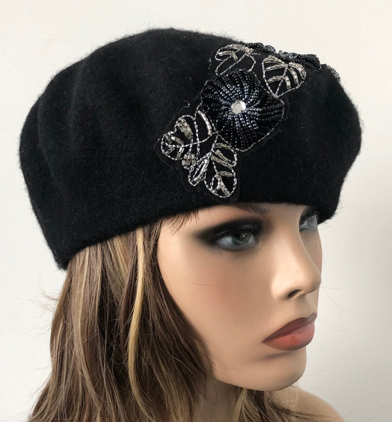 black Felt Beret, Women's Wool Beret, French Style Beret, Classic Felt Beret 22 up to 23 Ready to Ship image 9