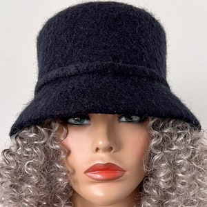 women’s Black Felt Hat, Felted Cloche Hat, Wool Bucket Hat, fits sizes 21.5” up to 22” Felted Hat Ready to Ship