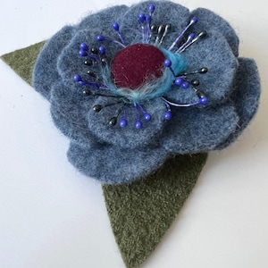 Blue 3.5” Felted Flower Brooch, Flower Jewelry, Felted Pin, Gift for Her