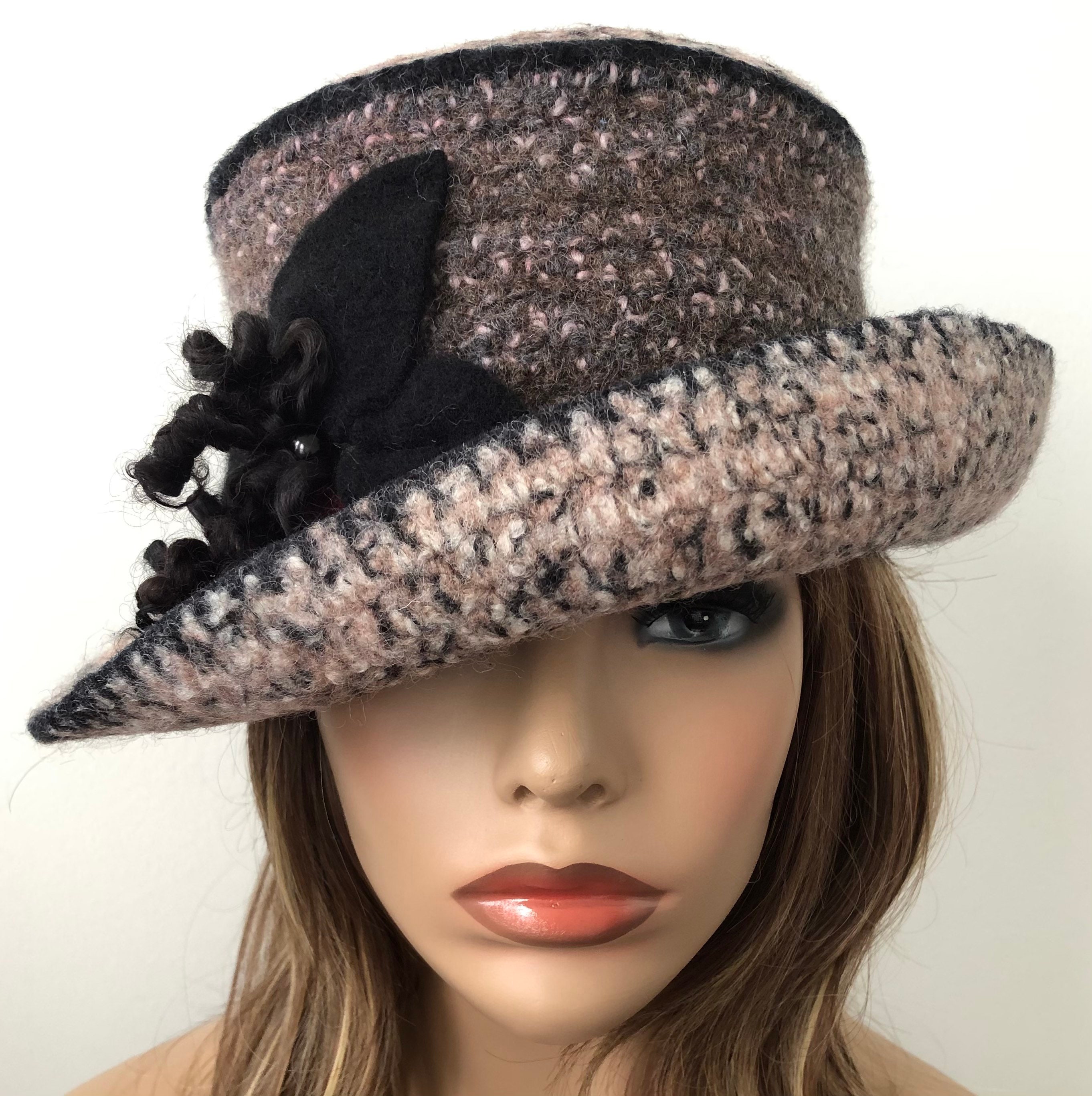 Womens wool felted hat in brown and black with wide brim and Etsy