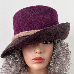 Women’s Plum and Brown Felted Wool Cloche Hat with 2.5&quot; Wide Brim and Camel Hatband, Handmade Winter Hat