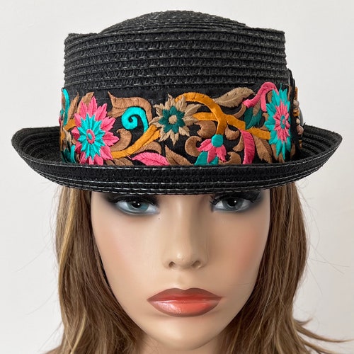 Women’s Black Straw Hat with floral embroidered ribbon and buy Beaded Appliqué, Summer Festival Hat, Church Hat, 22” up to 23” S/M Ready to Ship