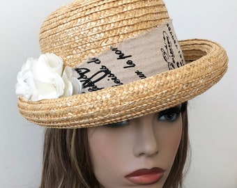 VENTA Sombreros de paja de verano para mujer, Sombrero de paja con adornos florales, Sombrero de iglesia de paja estilo vintage 21.5" hasta 22" Listo para enviar