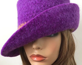 Bright Purple Felted Hat, Cloche Hat for Women,  Felted Wide Brim Hat, Ladies Winter Wool Felt Hat