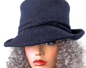 Black Felted Wool Top Hat: Curved Brim, Handmade Women's Hat